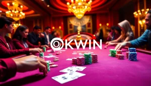 Players enjoying a thrilling poker game with OKWIN branding visible on the table.