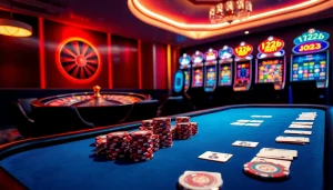 Engaging gamblers at the 123b online casino featuring poker tables, roulette wheel, and slot machines.