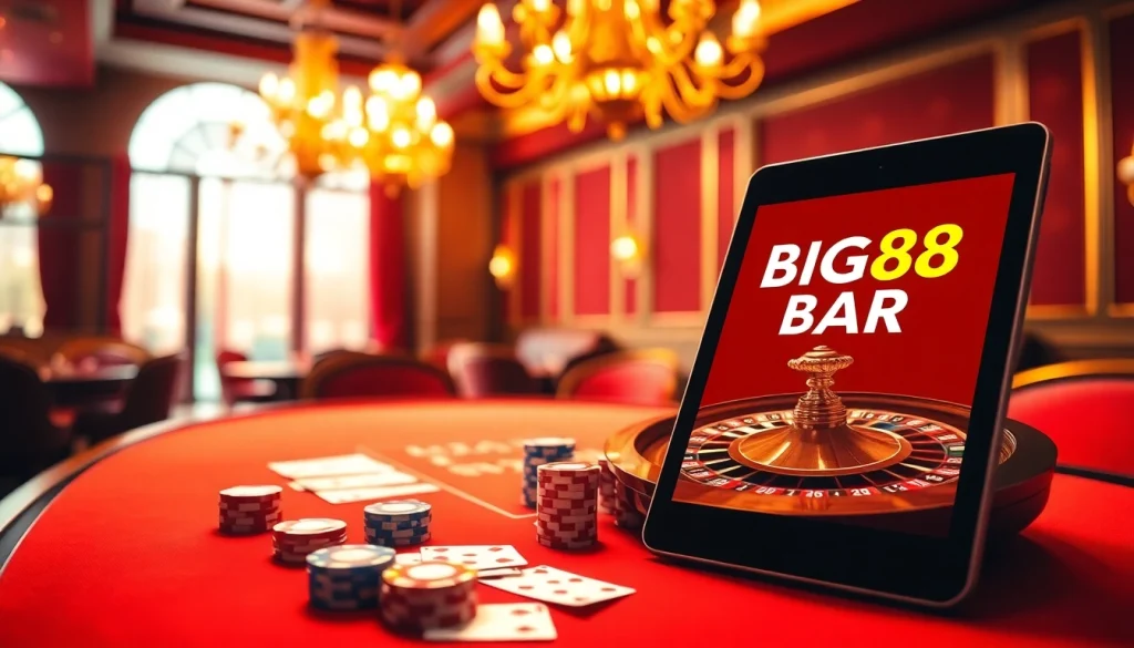 Experience thrilling casino play at BIG88.BAR with poker chips, roulette wheel, and online gaming excitement.
