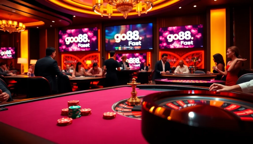 Exciting gameplay at go88.fast featuring a luxurious casino table with vibrant poker chips and a roulette wheel.