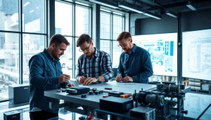 Engineers collaborating on machinery design, focusing on das 142 in a modern workspace.