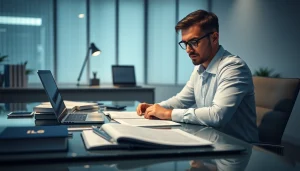 A professional certified translator (beëdigd vertaler) diligently translating legal documents at a modern desk.