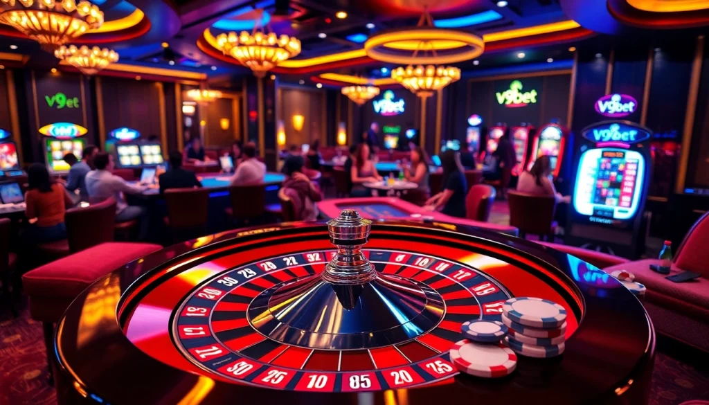 V9bet roulette wheel and poker chips in a dynamic casino setting