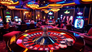 V9bet roulette wheel and poker chips in a dynamic casino setting