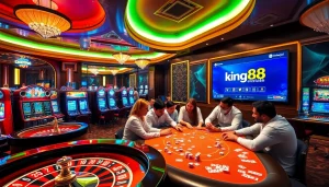 Experience immersive gaming at king88.estate with players enjoying poker at a luxurious casino table.