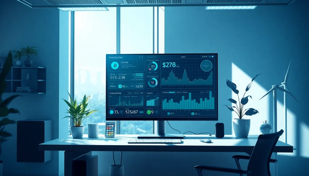 AI-powered crypto mining app interface showcasing real-time data and renewable energy sources.