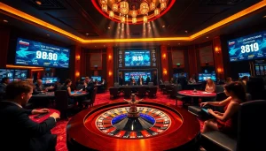 Gambling excitement at rr88.wales with players enjoying roulette and poker in a luxurious casino.