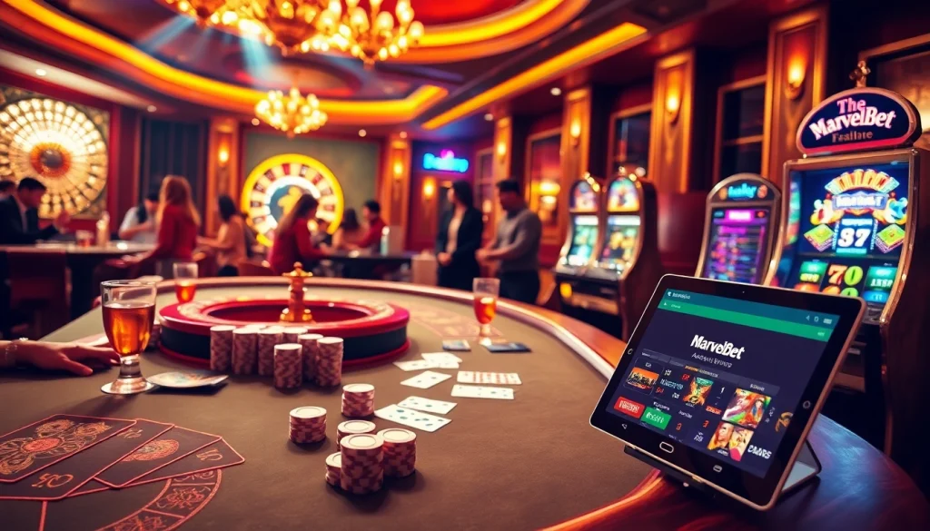 Marvelbet showcases an exciting casino atmosphere with poker tables and digital betting options.