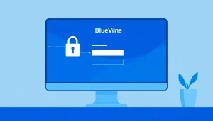 Visualize a secure BlueVine login interface, featuring a computer screen with an HTTPS lock symbol.