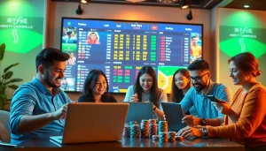 Engaging scene of a diverse group enjoying betting at เจ้ามือรับแทง F168 with dynamic visuals of sports odds.