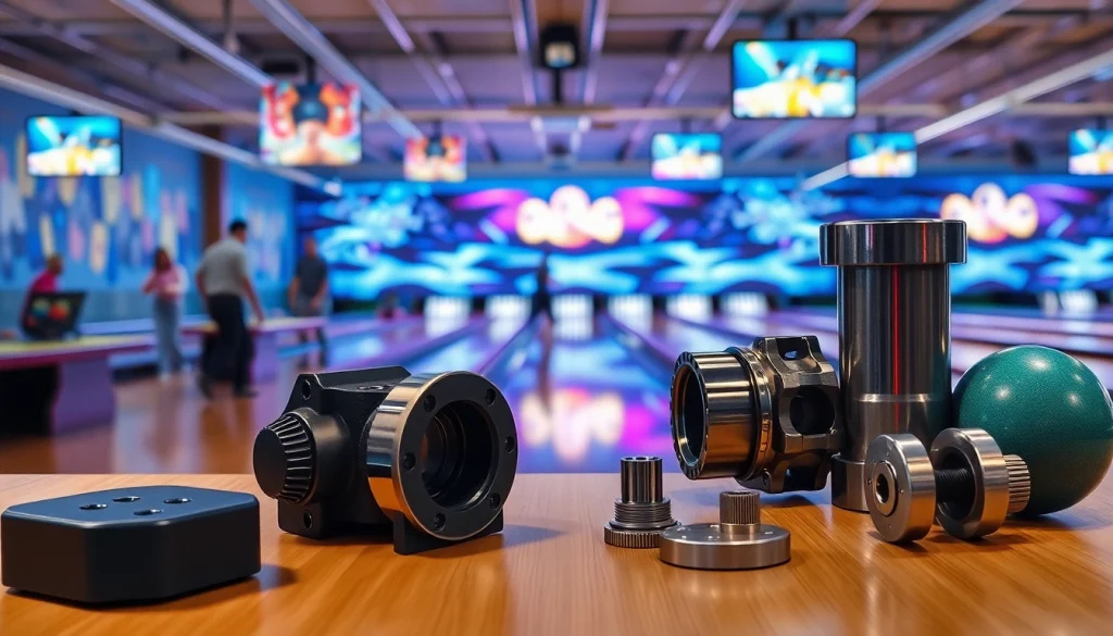 Bowling parts for Brunswick showcased in a vibrant bowling alley scene.