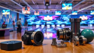 Bowling parts for Brunswick showcased in a vibrant bowling alley scene.
