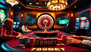 Experience high-stakes gaming at 789BET with vibrant poker action in a luxurious casino setting.