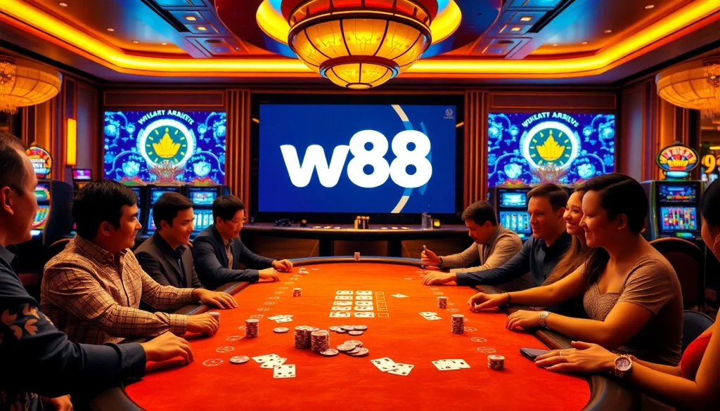 Gambling excitement at W88 casino with players at a poker table and slot machines.