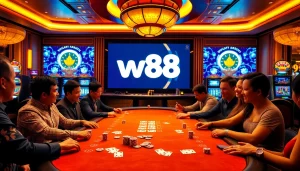 Gambling excitement at W88 casino with players at a poker table and slot machines.