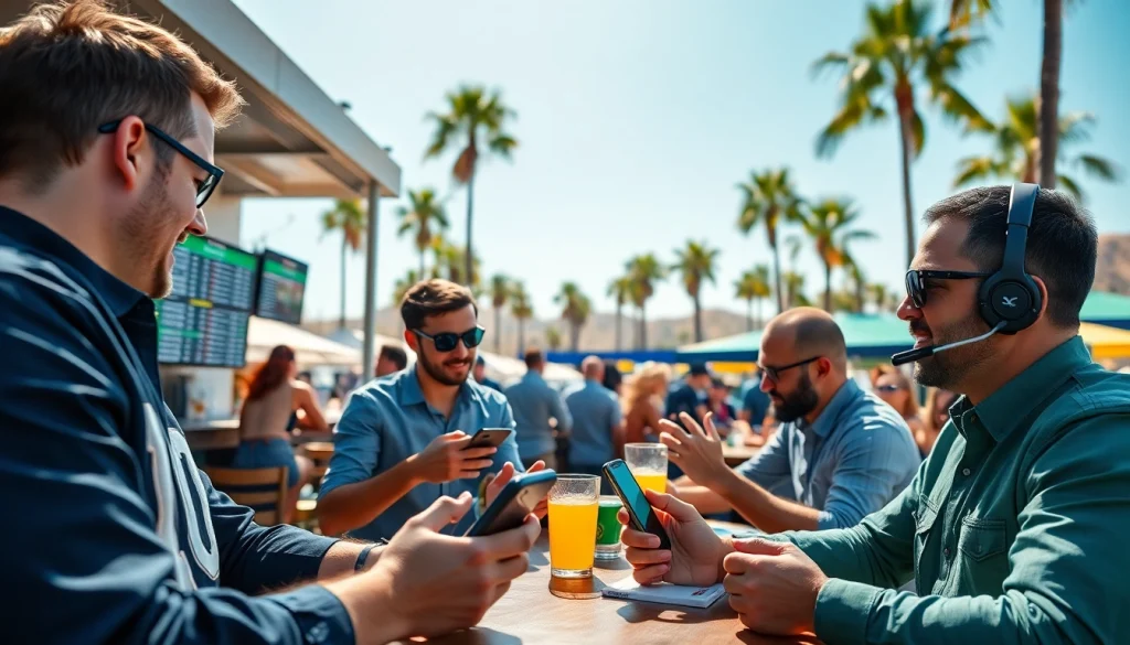 Engaging scene of sports betting California in a lively outdoor setting with mobile apps.