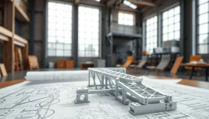 Showcasing steel structure design concepts with detailed blueprints and models in a modern workspace.