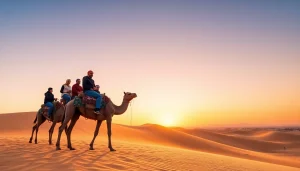 Agafay Desert camel ride at sunset with tourists and guiding camels against a stunning backdrop.