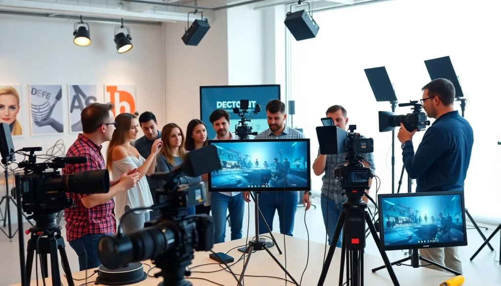 Engaged team collaborating on Corporate Video Production in a modern studio.