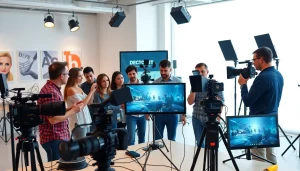 Engaged team collaborating on Corporate Video Production in a modern studio.