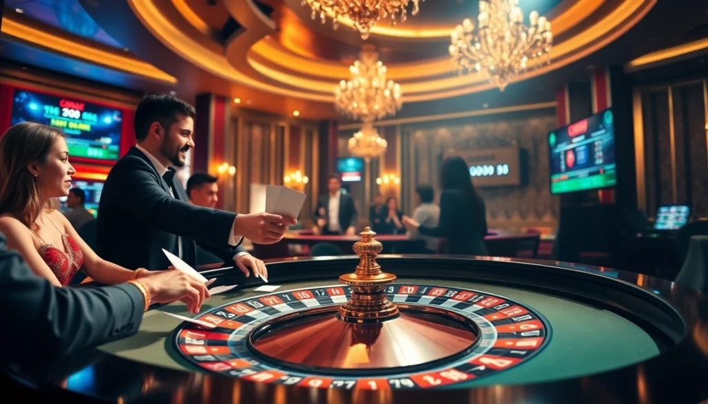 Experience thrilling gameplay at Nhà cái Go99 with a glamorous casino atmosphere featuring a roulette table.