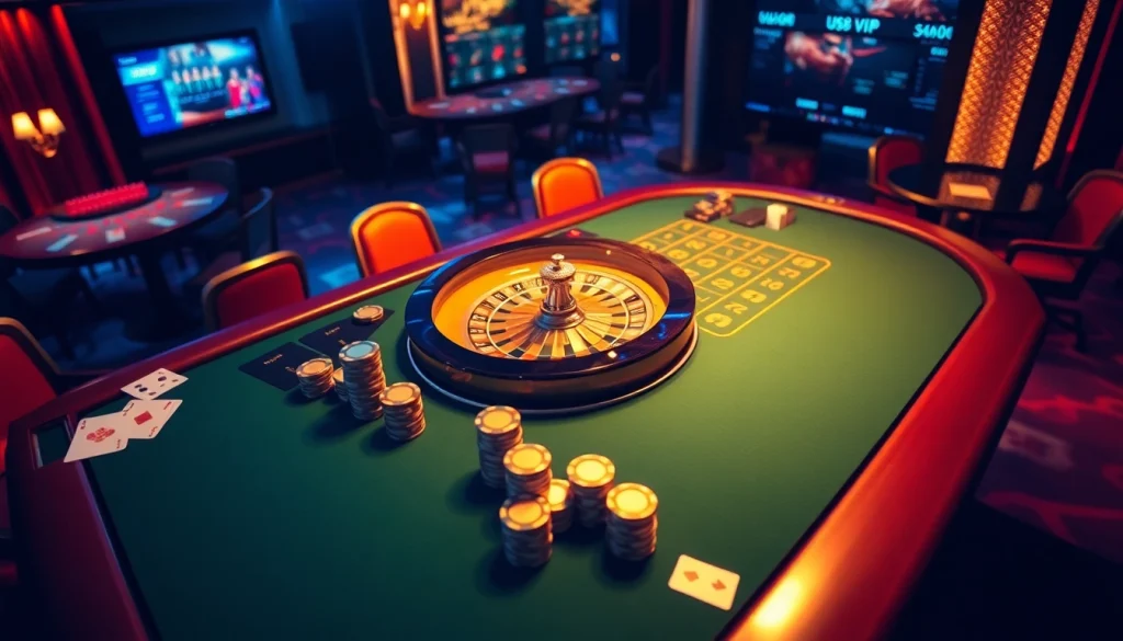 Players enjoying a thrilling moment at the U888VIP casino table, surrounded by poker chips and cards.