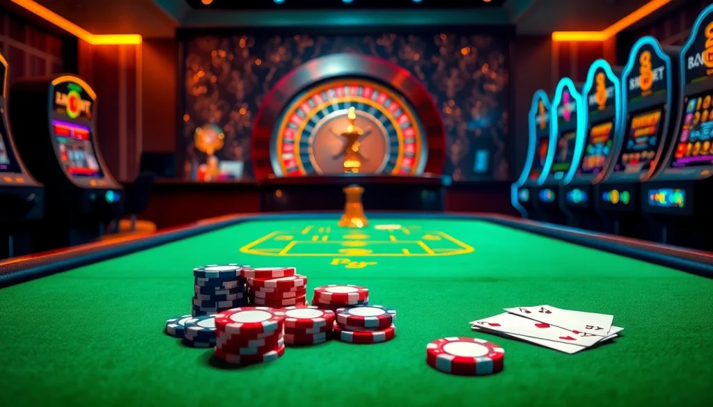 Exciting casino scene featuring 789BET đăng nhập with poker chips and roulette wheel.