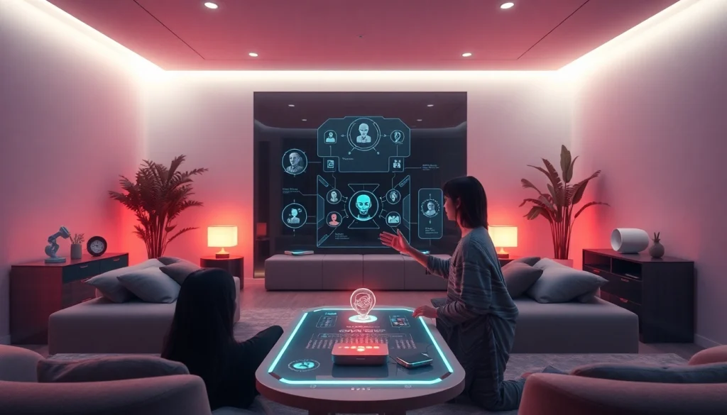 AI sex interaction in a modern, ambient-lit room showcasing advanced technology.