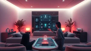 AI sex interaction in a modern, ambient-lit room showcasing advanced technology.