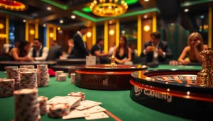 Exciting action at the Casino LOTO188 with players engaging in poker and roulette games.