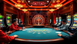 Players enjoying an exciting Babu88 casino experience at a poker table surrounded by vibrant gaming elements.