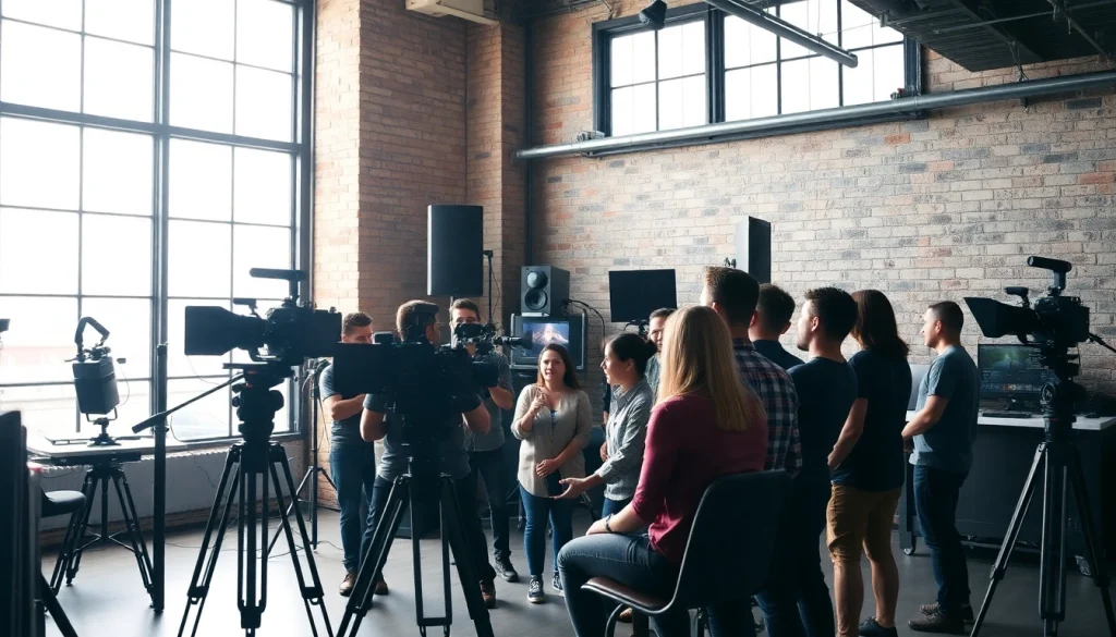Engaged team creating a video production edmonton with advanced equipment in a bright studio.
