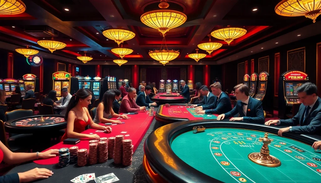 Experience the excitement at u888 com with players betting at roulette and blackjack tables in a luxurious casino setting.