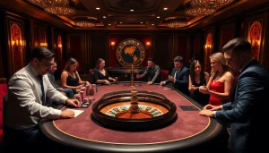 Players experiencing thrilling gameplay at thabet casino with vibrant poker chips and roulette wheel.