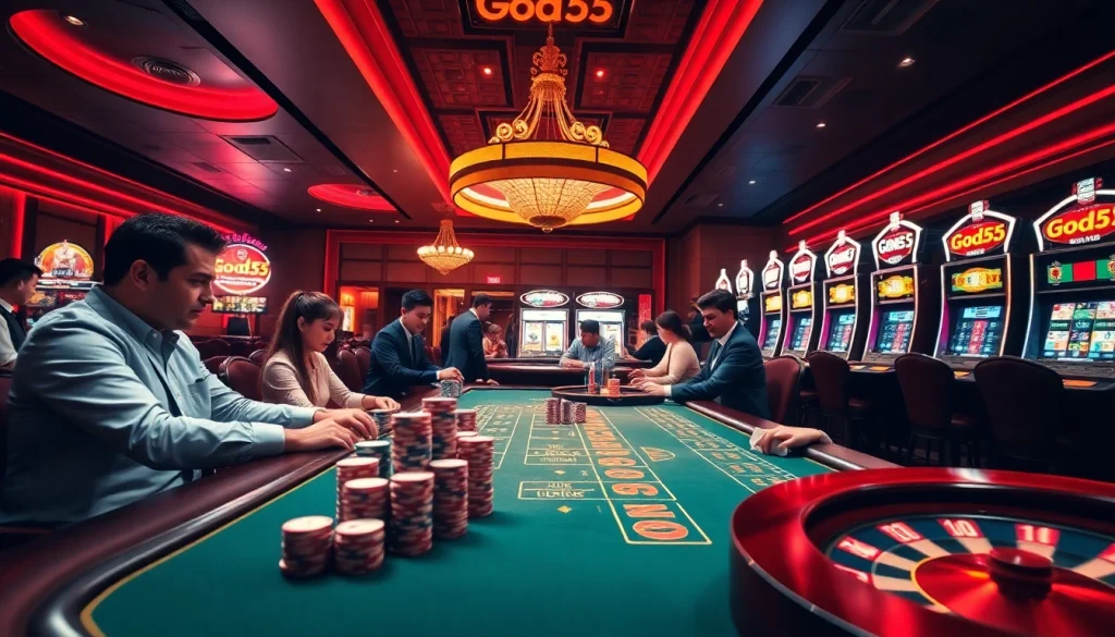 Experience the excitement of gambling at god55 việt nam with a luxurious casino scene featuring vibrant gaming tables.