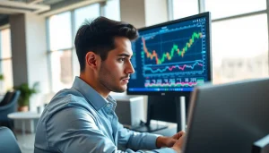 Trader analyzing market trends using hotforex mt4 in a bright modern office.