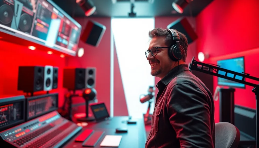 Engage with hometownstation.com via a vibrant radio studio showcasing a professional broadcaster.