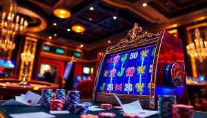 Experience online slots excitement with dynamic visuals of a luxury casino slot machine and players.