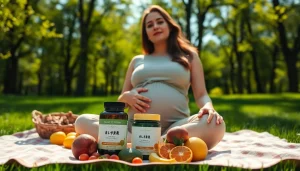 公園で葉酸サプリと新鮮な果物を手にリラックスする妊婦。健康と安らぎを体現。
