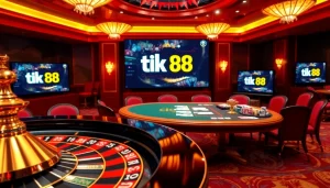 Trải nghiệm sự hứng khởi của tik 88 với cảnh sòng bạc sống động có roulette, chip poker và không khí sang trọng.