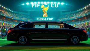 World Cup Group Transportation in a luxury limousine arriving at a vibrant stadium