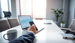 BOX138 financial office setup with modern desk and laptop showcasing financial charts.