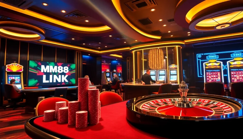 Experience the thrill of MM88 LINK at a premier casino with vibrant poker chips and roulette wheel.