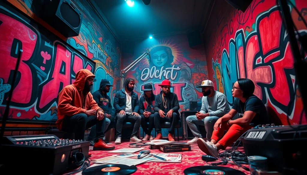 Vibrant scene of hip hop artists collaborating in a studio, representing a top hip hop PR firm focused on artist growth.