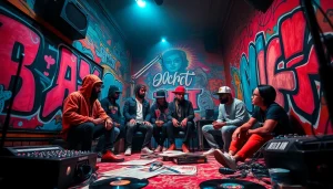 Vibrant scene of hip hop artists collaborating in a studio, representing a top hip hop PR firm focused on artist growth.