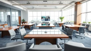 Showcase of elegant conference tables in a modern office setting highlighting variety and sophistication.