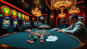 A thrilling poker scene at a casino showcasing Kjc solutions, featuring excited players and vibrant gambling elements.