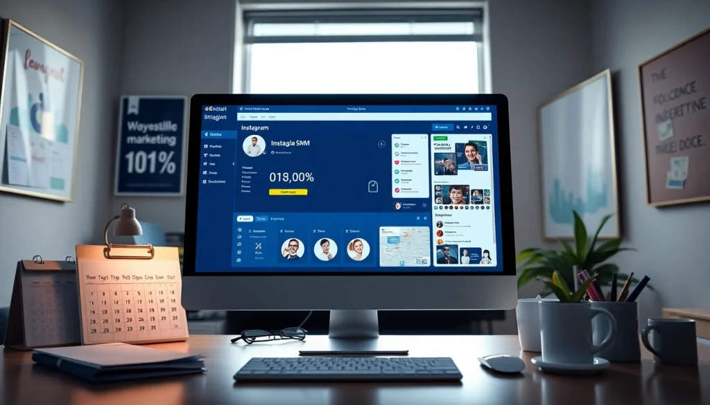 Showcase the Instagram smm panel interface with metrics in a digital marketing workspace.