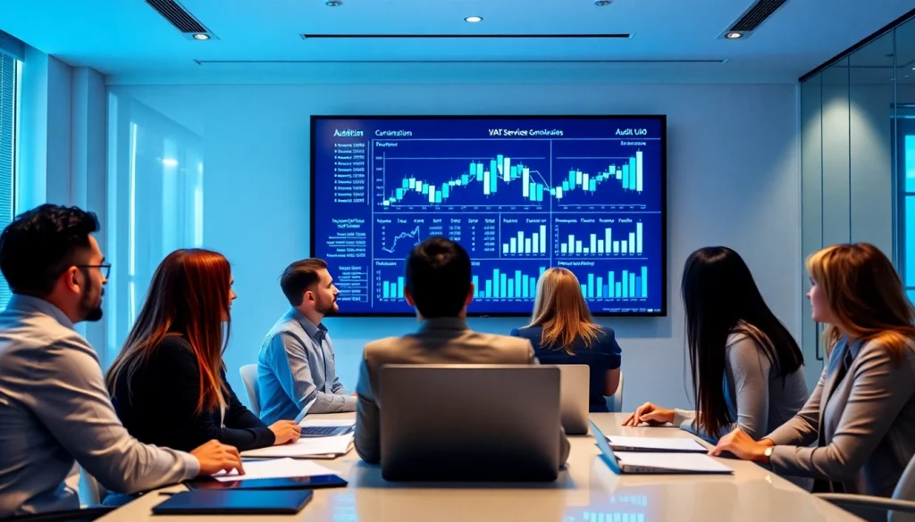 Professional accountants discussing VAT Services in UAE in a modern office setting.