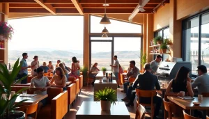 Café animé à la frontière espagnole avec des clients profitant de leurs boissons et de l'ambiance conviviale.